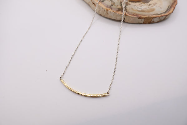 Curved textured 18k gold bar with adjustable sterling silver chain