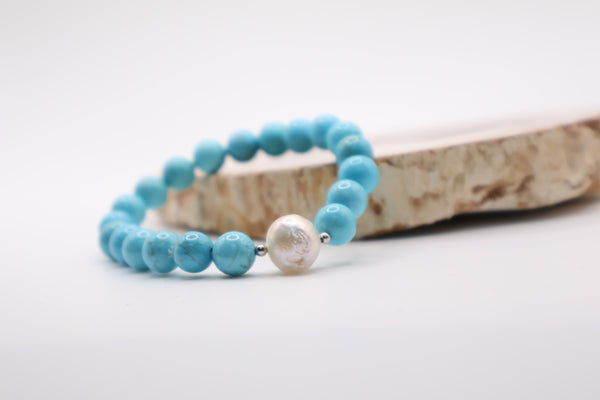 Turquoise and Baroque Pearl Stretch Bracelet