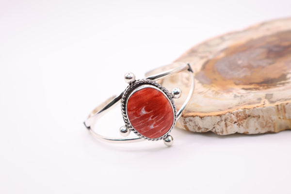 sterling silver red-orange spiny oyster shell cuff bracelet