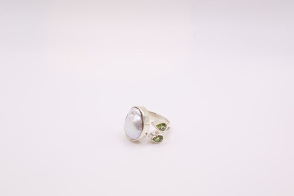Sterling Silver Pearl & Peridot Ring, Size 7.5