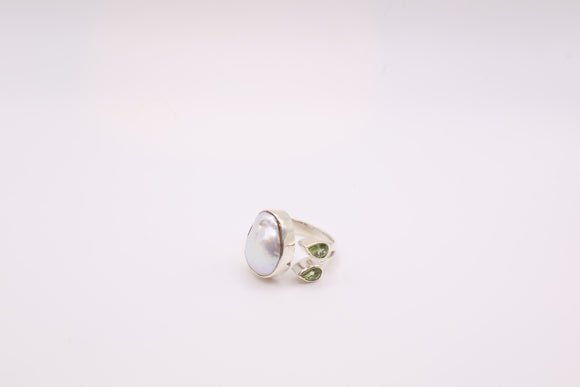 Sterling Silver Pearl & Peridot Ring, Size 7.5