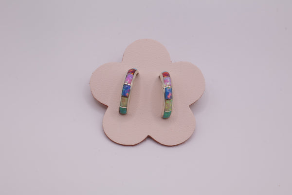 Synthetic Multicolor Opal Inlaid Half Hoop Earrings