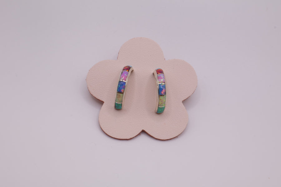Synthetic Multicolor Opal Inlaid Half Hoop Earrings
