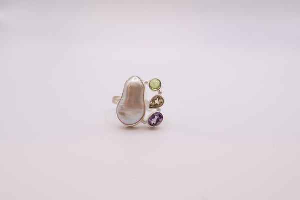 Sterling Silver, Pearl, Amethyst, Peridot & Citrine Ring
