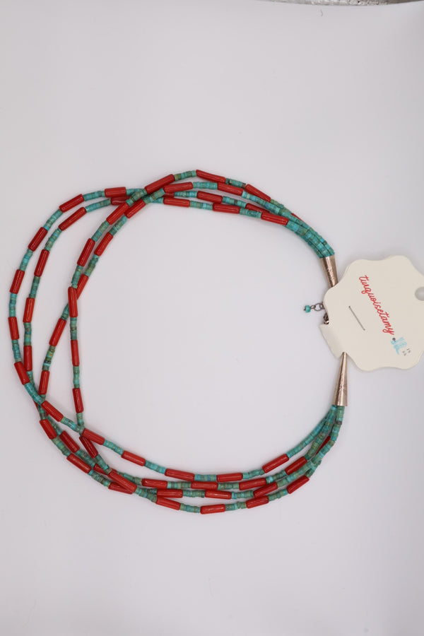 Turquoise & Red Coral Beaded 3-Strand Necklace