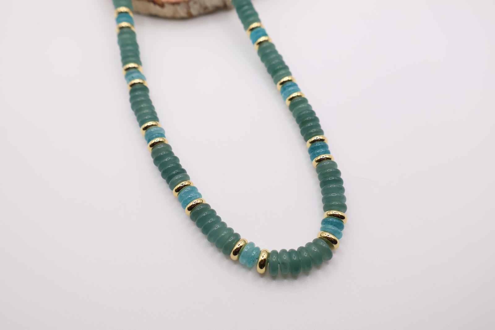 Beaded necklace with green and blue stones