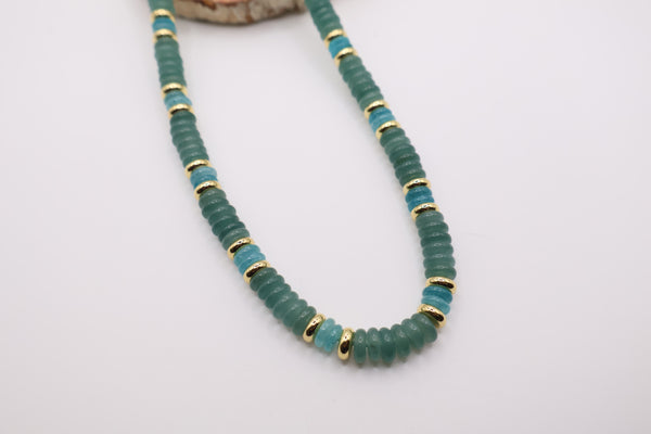 Beaded necklace with green and blue stones