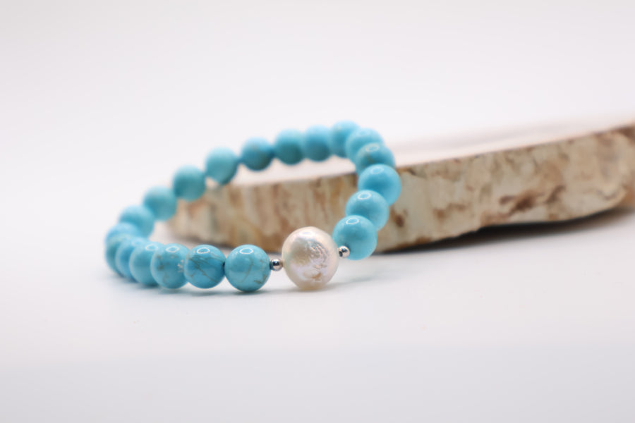 Turquoise and Baroque Pearl Stretch Bracelet