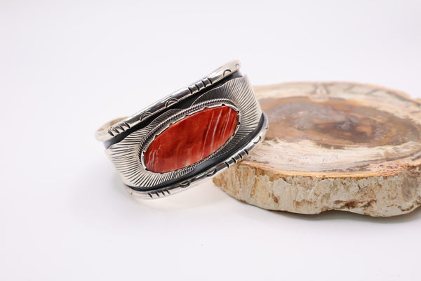 Sterling silver red spiny oyster shell cuff bracelet