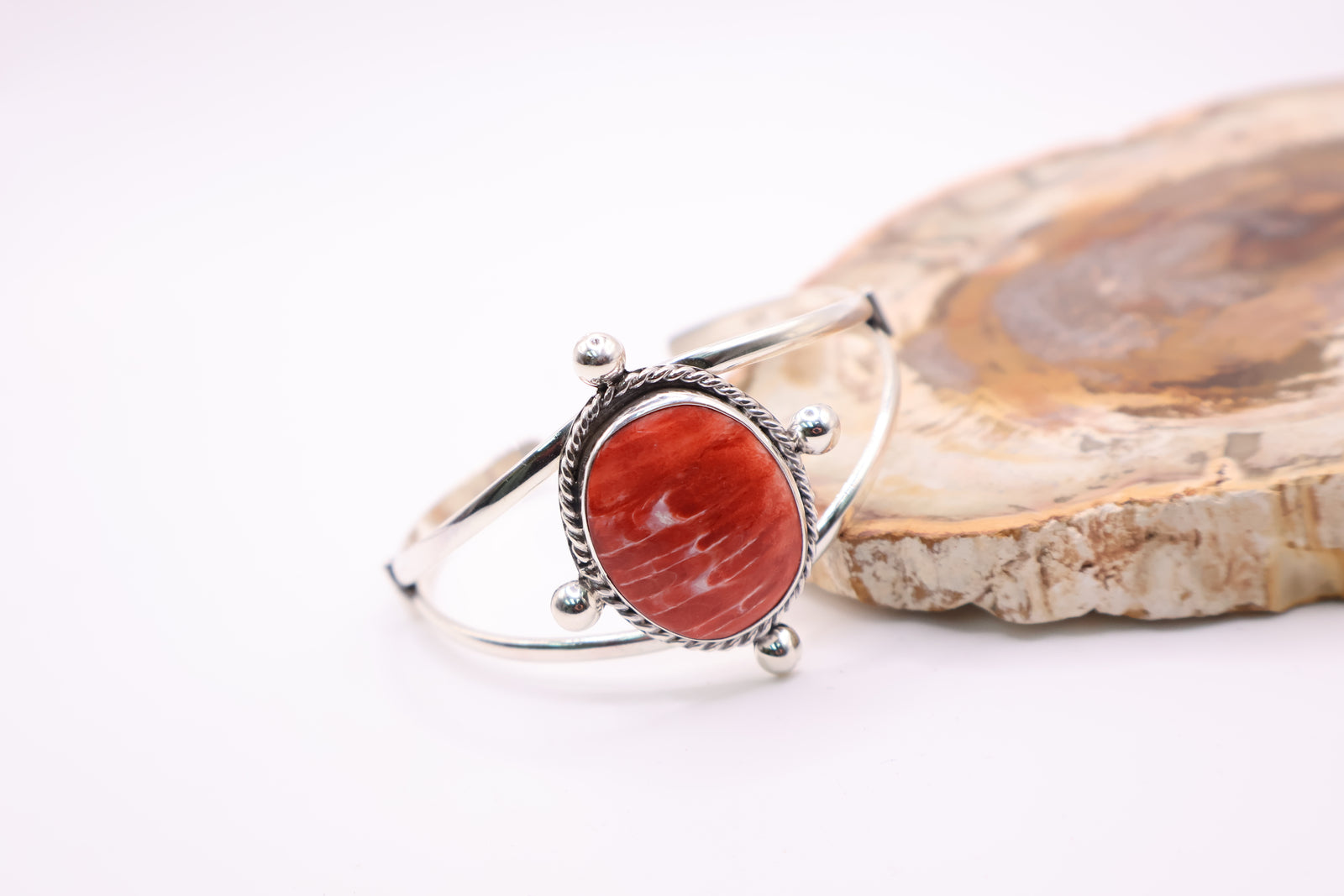sterling silver red-orange spiny oyster shell cuff bracelet