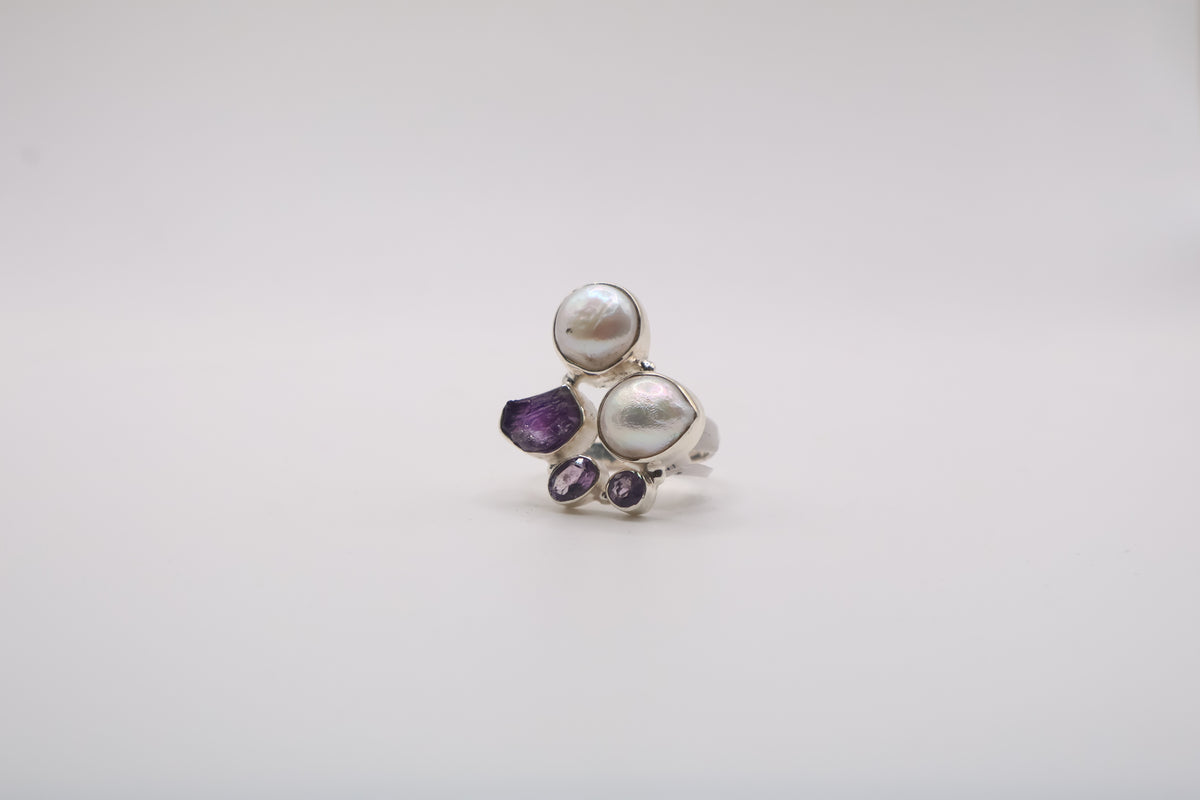 Sterling Silver Ring with pearl and amethyst gemstone