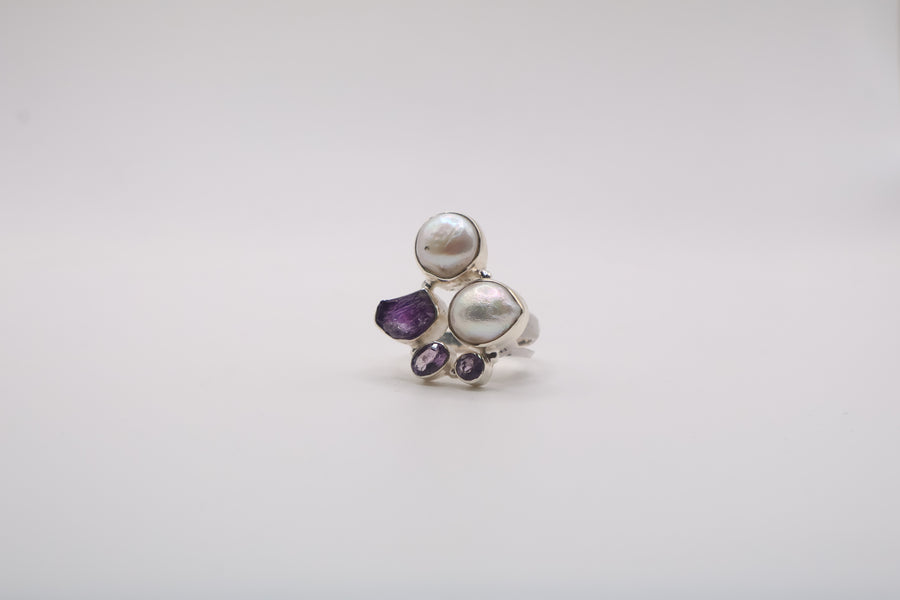 Sterling Silver Ring with pearl and amethyst gemstone