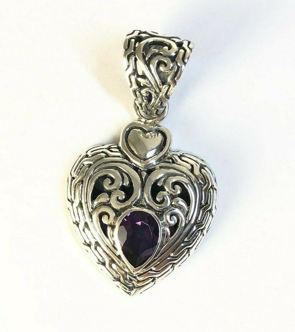 Sterling Silver 925 Heart Faceted Pear Amethyst Filigree Pendant Bali Jewelry