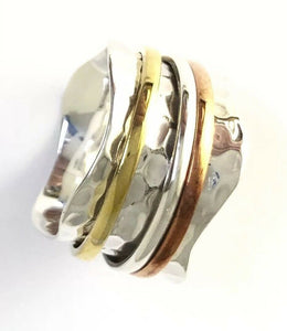 Tricolor Hand Hammered Wavy Sterling Silver Copper Brass Spin Ring Size 6 R48