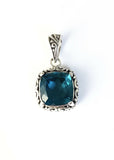 Sterling Silver 925 Square Faceted Blue Topaz  Filigree  Pendant. Bali Jewelry