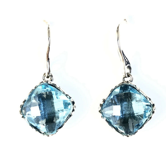 Sterling Silver 925 Square Blue Topaz Filigree Dangle Earrings Bali Jewelry