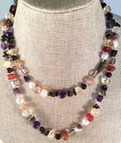 Amethyst Carnelian Garnet Fluorite Individually Knotted  About 36" Necklace.