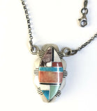 Native American Sterling Silver Navajo Multi Stone Inlay Marquise Bar Necklace.
