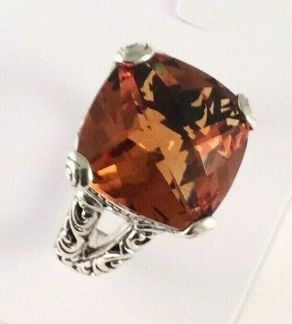 Sterling Silver 925 Square Cushion Citrine Filigree Size 9 Ring Bali Jewelry