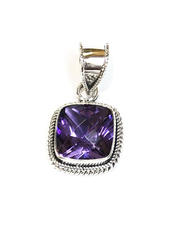 Sterling Silver 925 Square Faceted Cushion Cut Amethyst Pendant Bali Jewelry