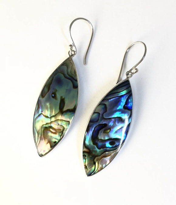 Sterling Silver Abalone Shell Marquise Shaped  Dangle Earrings On Hook