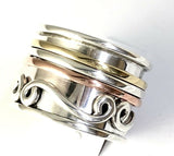 Tricolor Handmade Swirl Sterling Silver Copper Brass 3 Band Spin Ring Size 8 R54