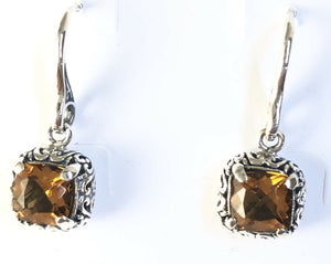 Sterling Silver 925 Square Citrine Filigree Dangle Hook Earrings Bali Jewelry