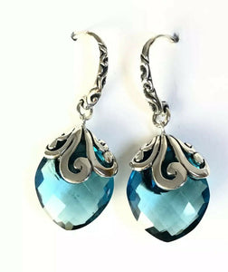 Sterling Silver 925 Marquise Blue Topaz Filigree Dangle Earrings Bali Jewelry