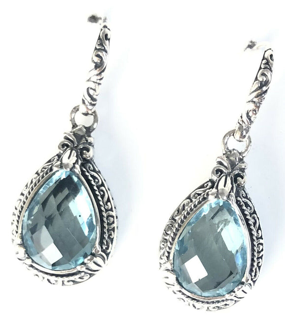 Sterling Silver 925 Pear Shaped Blue Topaz Filigree Dangle Earrings Bali Jewelry
