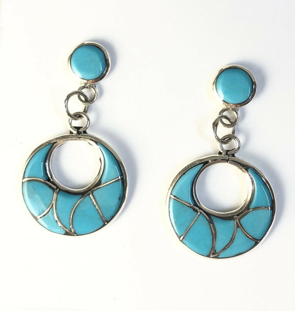 Native American Sterling Silver Zuni Indian Inlay Turquoise Hoop Dangle Earrings