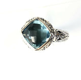 Sterling Silver Solid 925 Square Blue Topaz Filigree Size 9 Ring Bali Jewelry