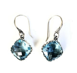 Sterling Silver 925 Square Blue Topaz Filigree Dangle Earrings Bali Jewelry