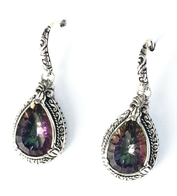 Sterling Silver 925 Pear Filigree Mystic Topaz Dangle Earrings Bali Jewelry