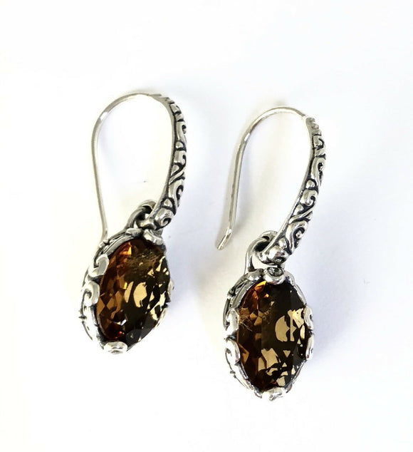 Sterling Silver 925 Oval Faceted Citrine Filigree Dangle Earrings Bali Jewelry