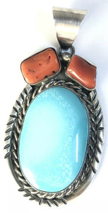 Native American Sterling Silver Navajo Thunder Mountain Turquoise Coral Pendant