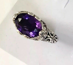 Sterling Silver 925 Oval Cushion Cut Amethyst Filigree Size 6 Ring Bali Jewelry