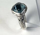 Sterling Silver Solid 925 Square Blue Topaz Filigree Size 9 Ring Bali Jewelry