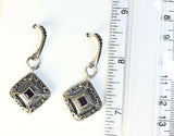 Sterling Silver 925 Filigree Square Amethyst Dangle Earrings Bali Jewelry