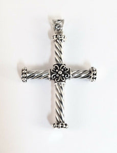 Sterling Silver 925 High Polish Cross With Twist & Bead Pendant. Jewelry