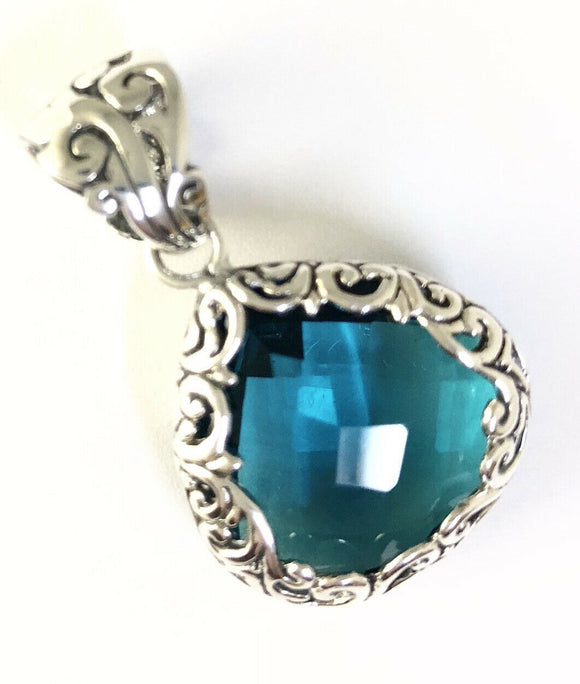 Sterling Silver 925 Pear Filigree Blue Topaz Reversible Pendant Bali Jewelry