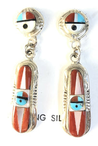 Native American Sterling Silver Zuni Indian Inlay Coral & Turquoise Earrings.