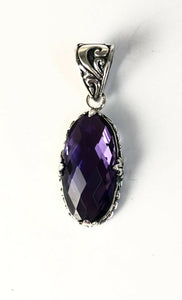 Sterling Silver 925 Oval Faceted Amethyst Filigree Pendant Bali Jewelry