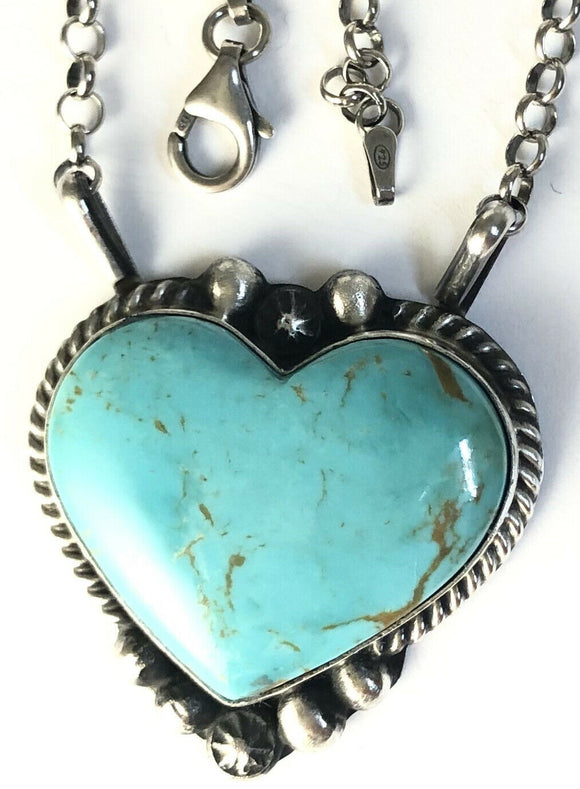 Native American Sterling Silver Navajo Kingman  Turquoise Heart Bar Necklace.