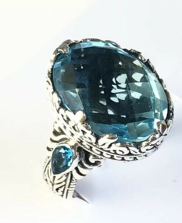 Sterling Silver 925 Oval Blue Topaz Filigree Ring Size 6 Bali Jewelry R062503