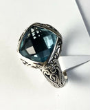 Sterling Silver Solid 925 Square Blue Topaz Filigree Size 9 Ring Bali Jewelry