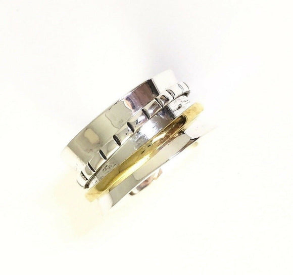 Two Tone Hand Hammered Sterling Silver & Brass 2 Band Spin Ring Size 10 R071104