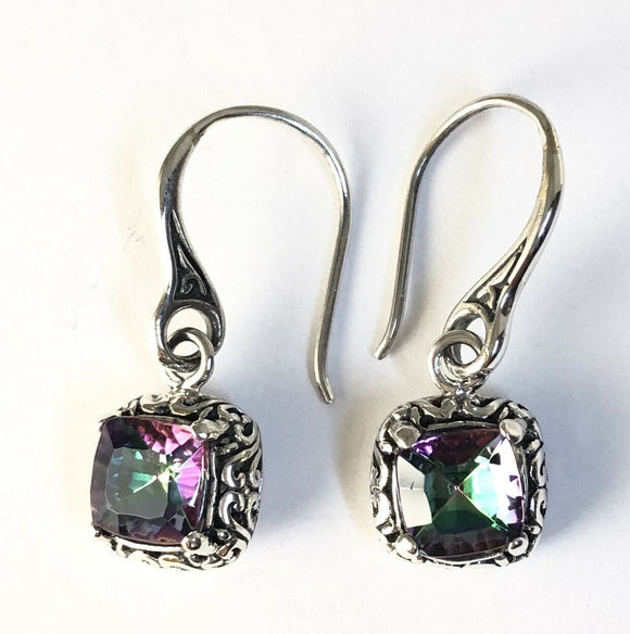 Sterling Silver 925 Square Faceted Mystic Topaz Filigree Earrings Bali Jewelry