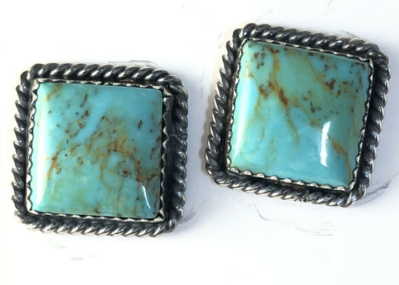 Native American Sterling Silver Navajo Indian Kingman Turquoise Earrings. Signed