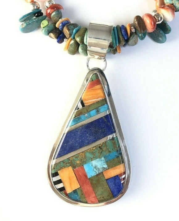 Native American Sterling Silver Indian Daniel Coriz Inlay Turquoise Necklace