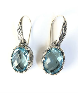 Sterling Silver 925 Oval Cushion Cut Blue Topaz Dangle Earrings Bali Jewelry